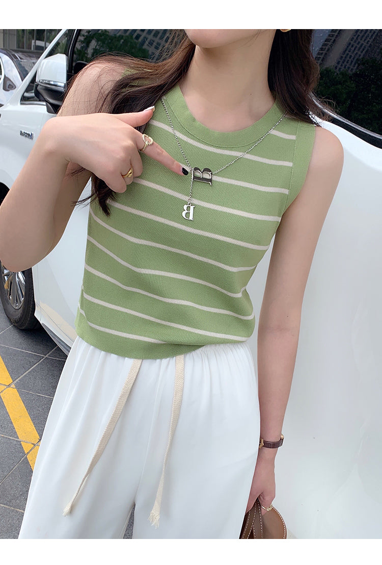 Green Sleeveless Basic Striped Tank Top
