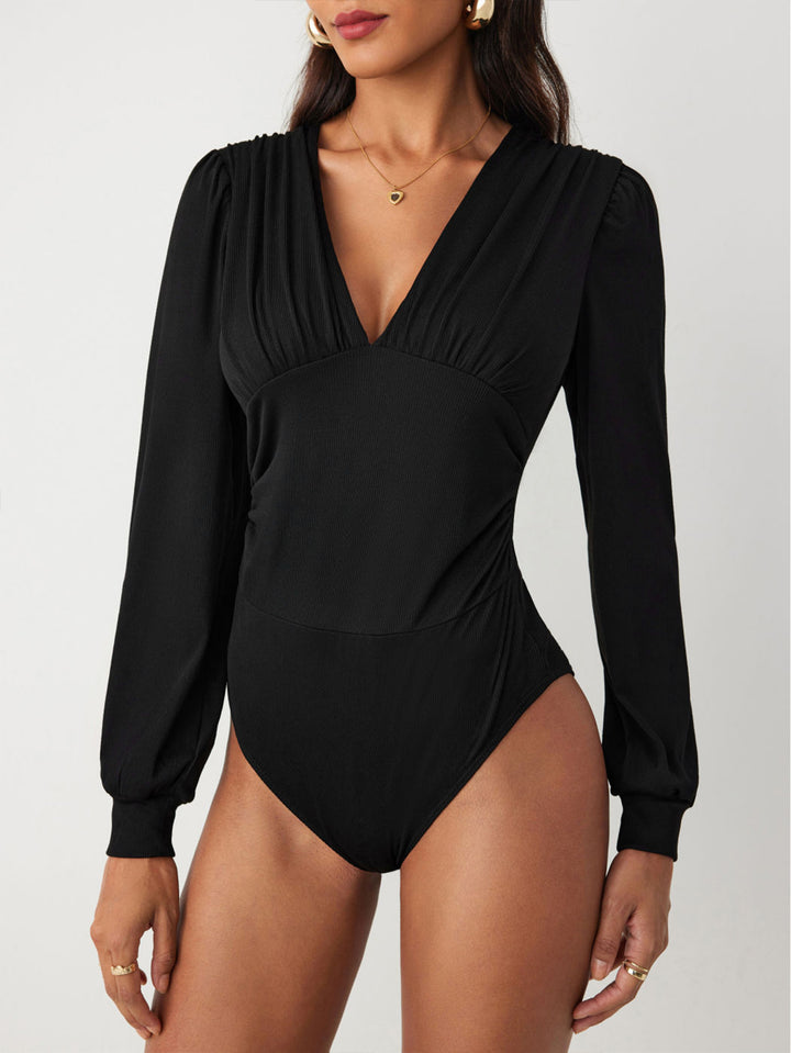 Black V-Neck Ruched Bodysuit