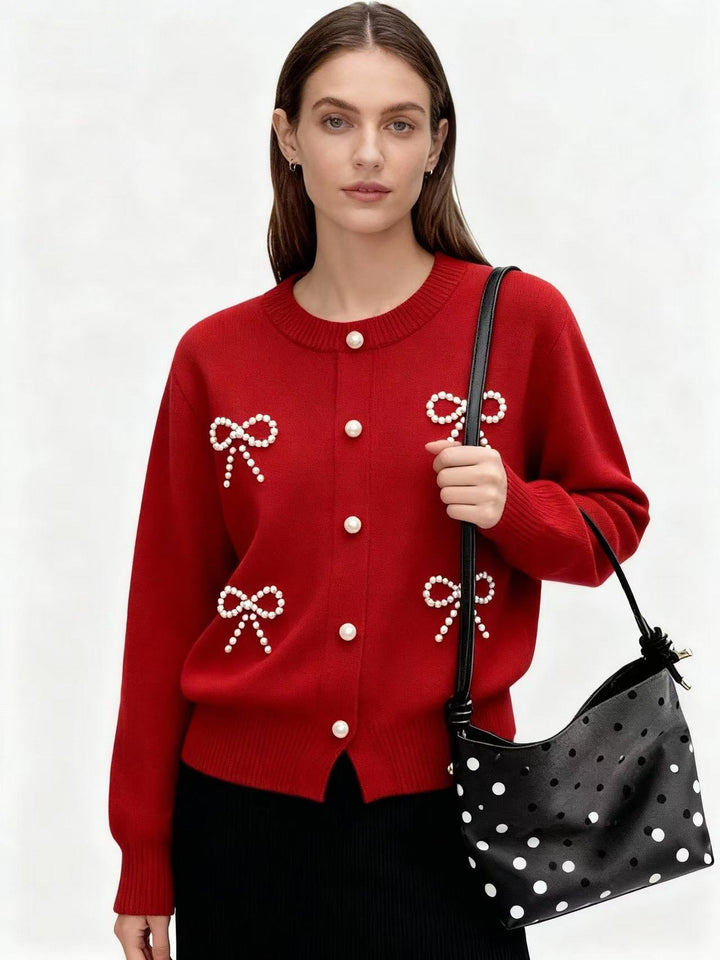 Red Full Sleeve Front Buttoned Embellished Cardigan