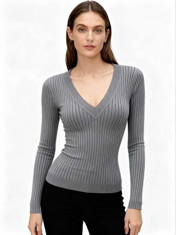 Taupe Full Sleeve V Neck Fitted Top