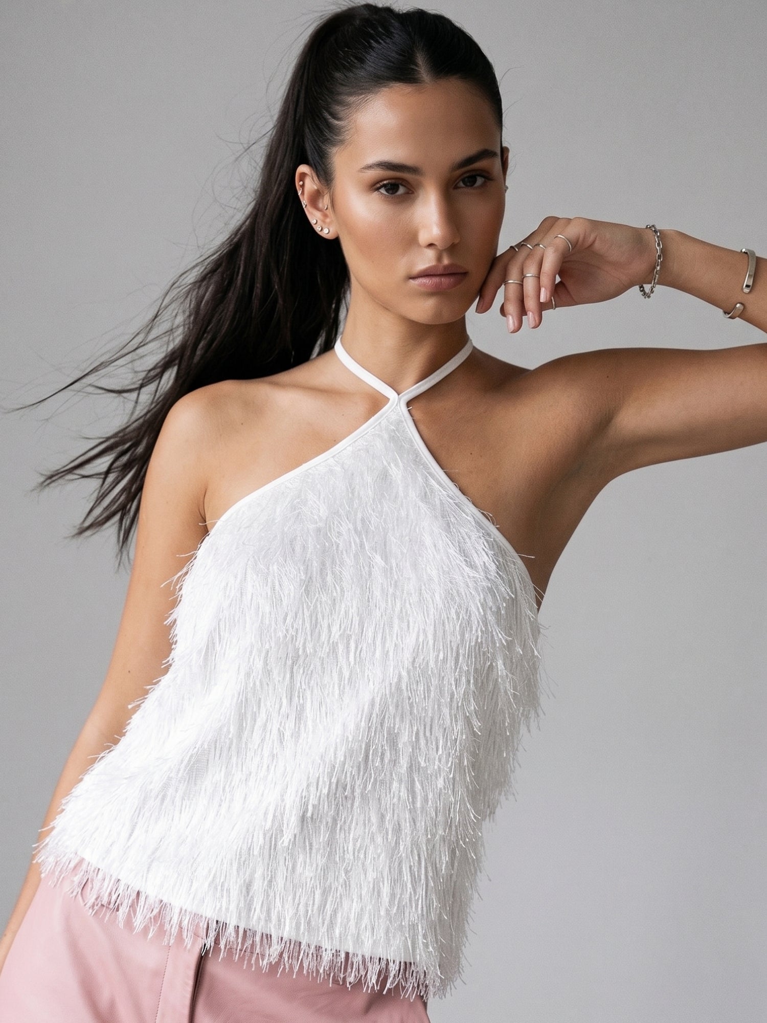 White Halter Neck Furry Top