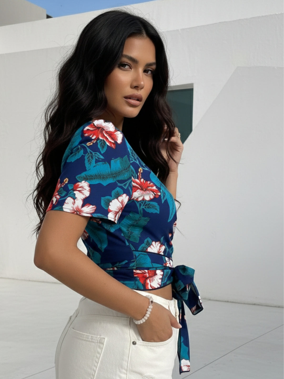 Blue Short Sleeve Wrap V Neck Top