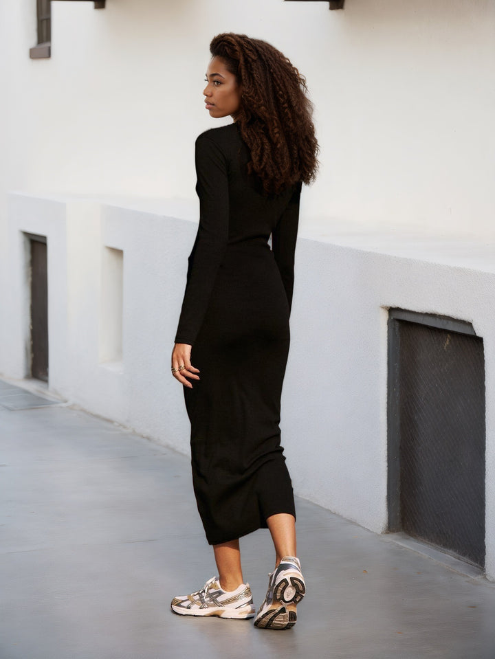 Black Full Sleeve Neck Tie-Up Dress