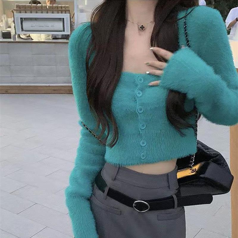 Blue Square Neck Fuzzy Top