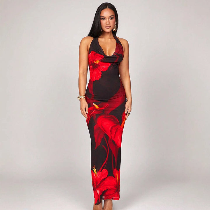 Red Halter Neck With Cowl Printed Dress