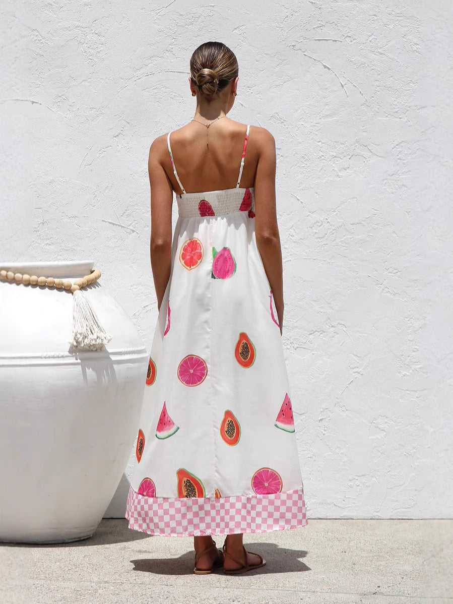 White Fruit Print Fit And Flare Maxi Dress