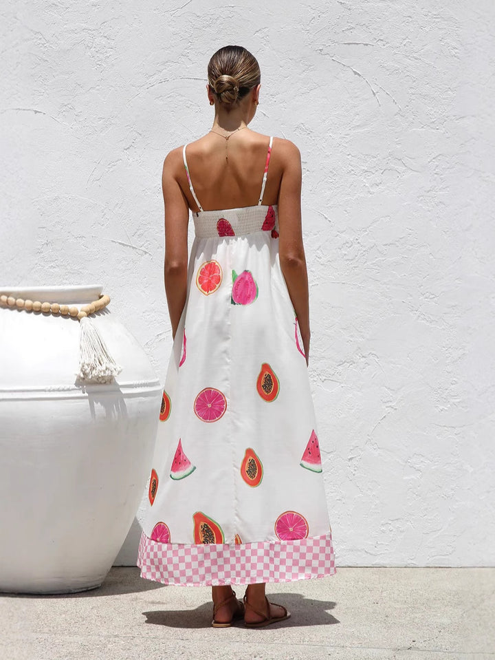 White Fruit Print Fit And Flare Maxi Dress