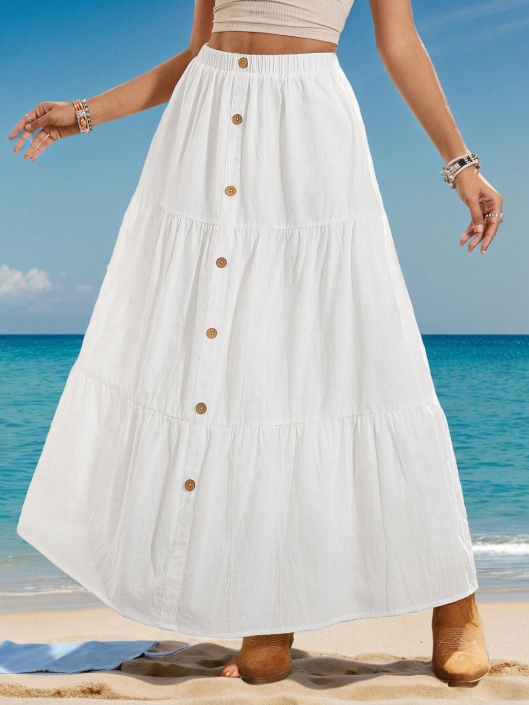 White Button Detail A-Line Skirt