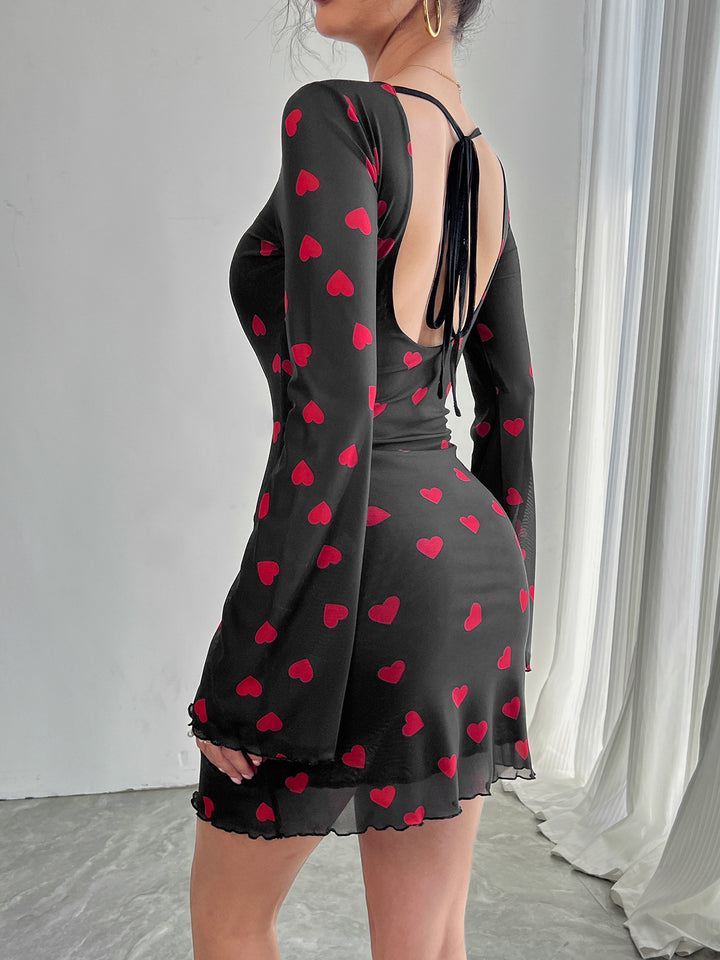 Black Bell Sleeve Printed Dress
