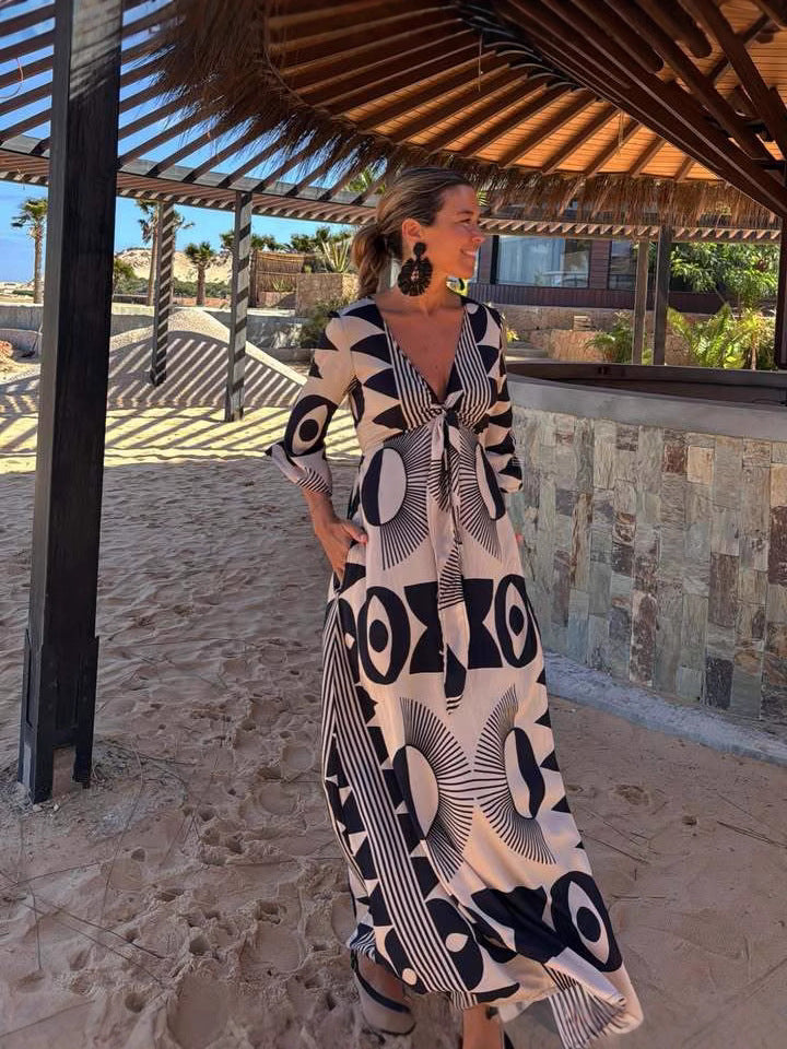 Blue Abstract Printed Front Knot Dress