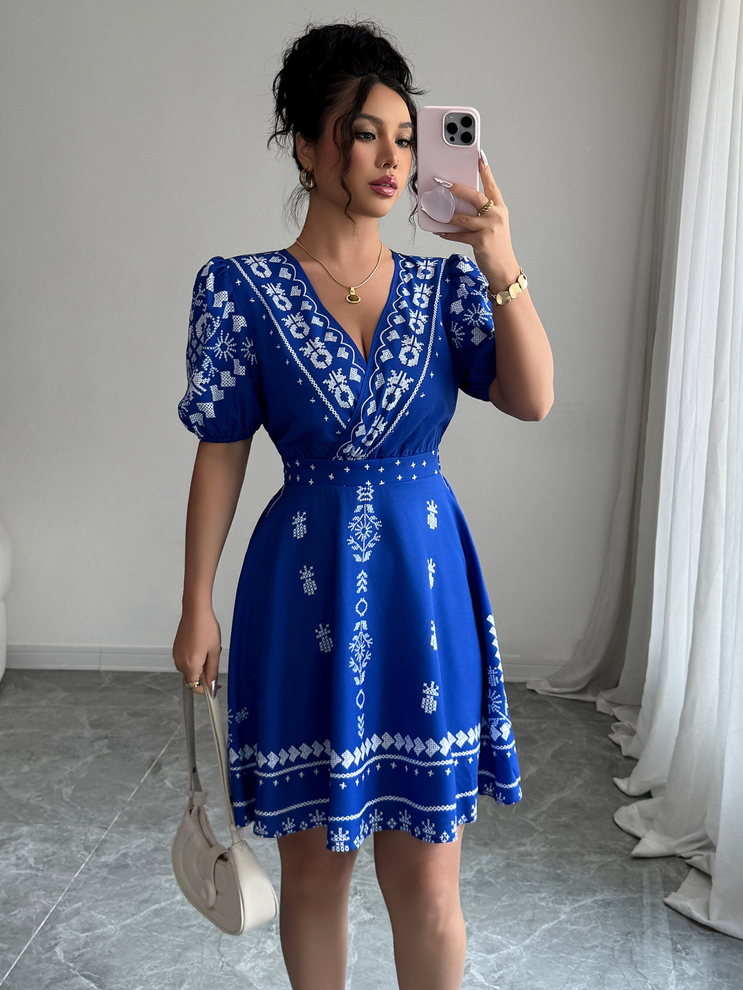 White Printed V-Neck Dress