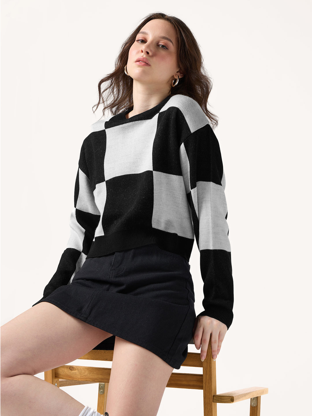 Black Colour Block Checkered Sweater