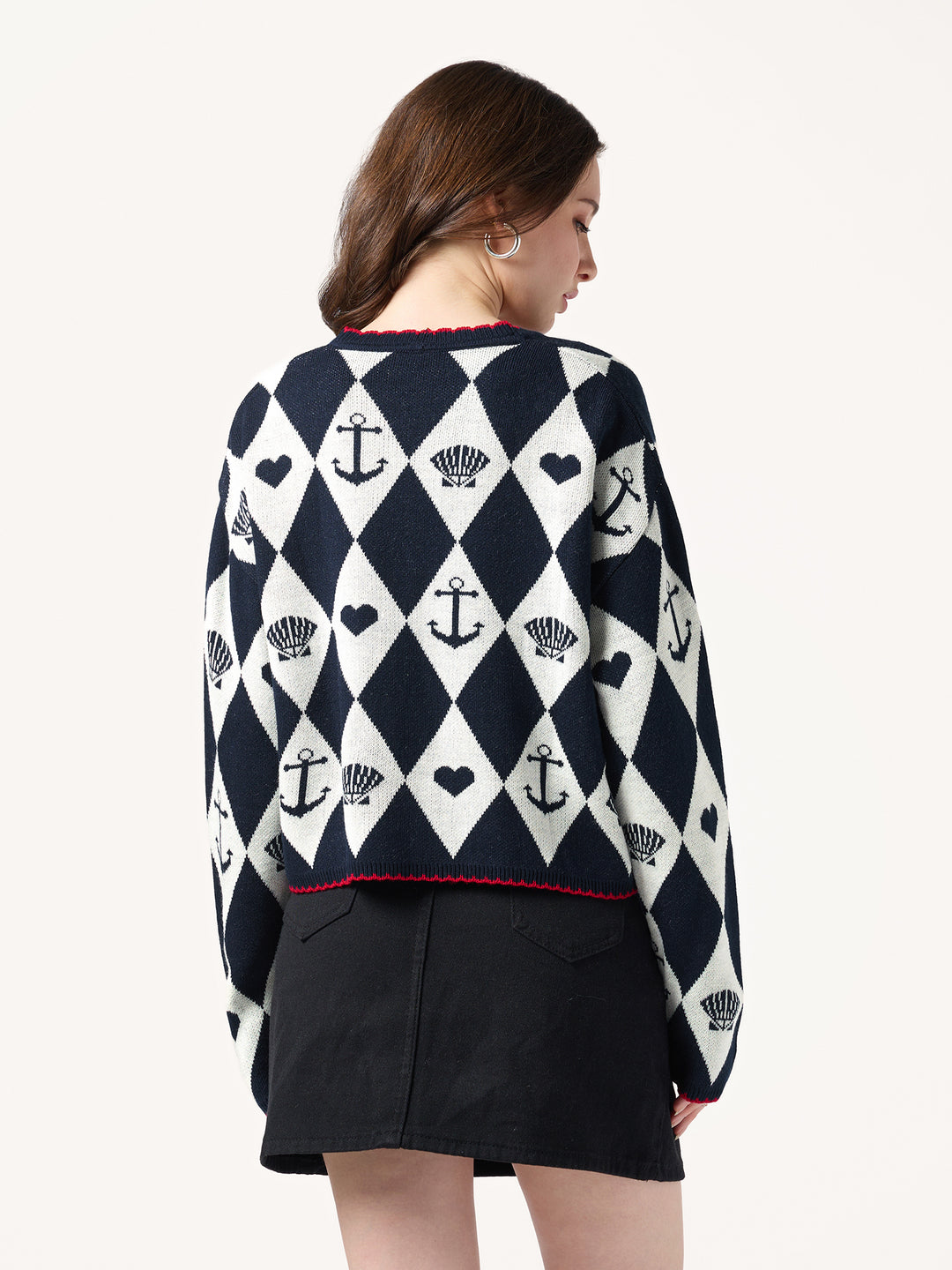 Navy Blue Graphic Tie Up Cardigan