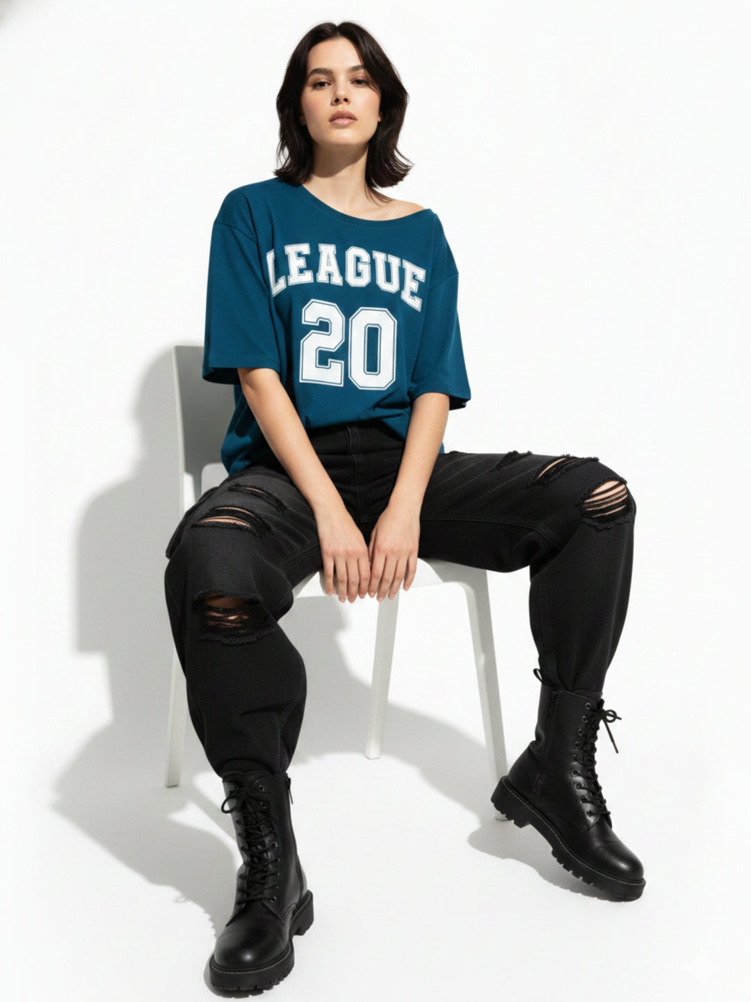 Teal Off-Shoulder Graphic Printed T-Shirt