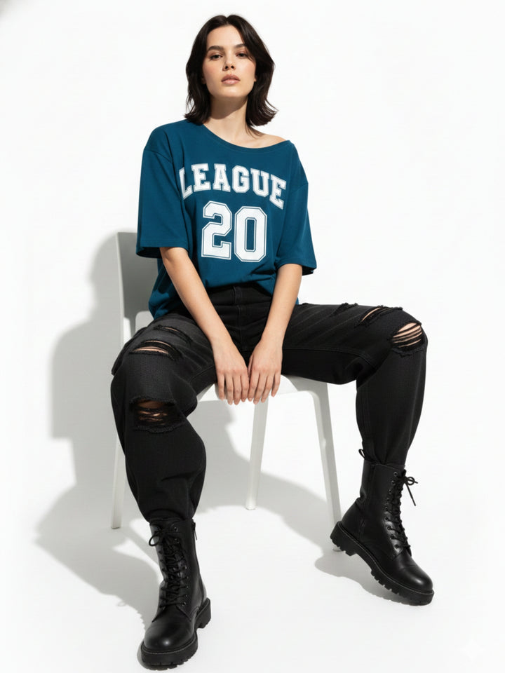 Teal Off-Shoulder Graphic Printed T-Shirt