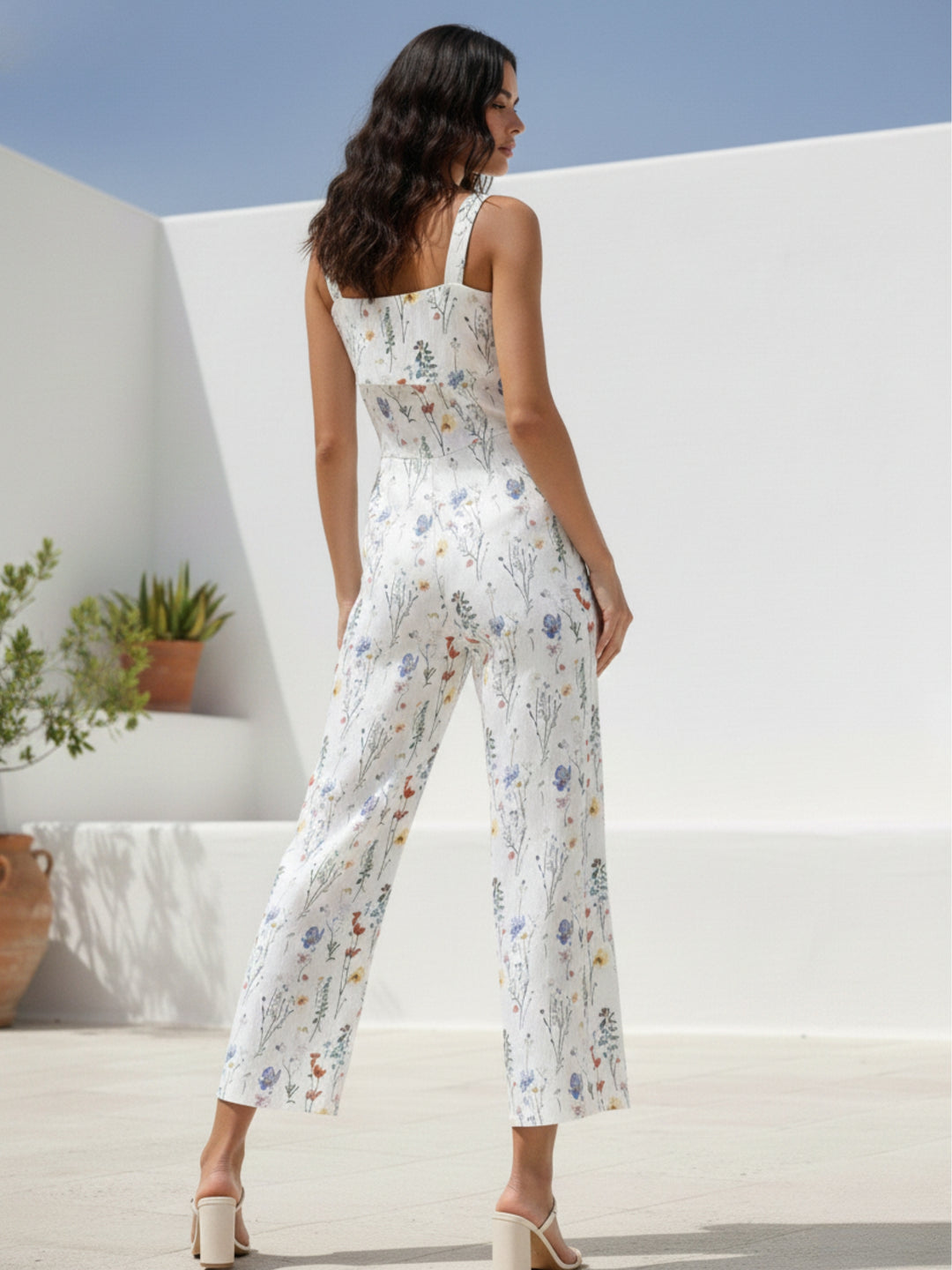 Cream Shoulder Strap Printed Jumpsuits