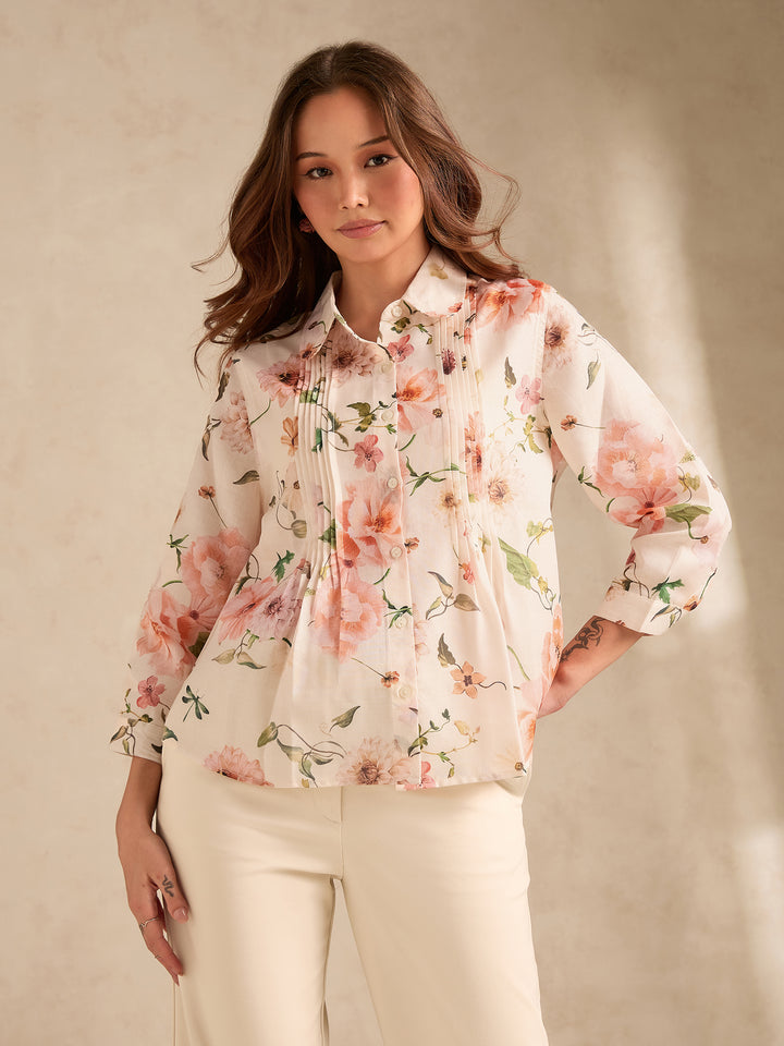 Off-White Regular Fit Printed Shirt with Pintuck Details