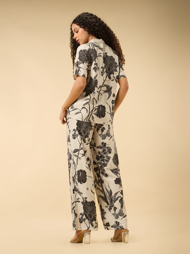Off White Floral Printed Top And Pants Co-Ord Set
