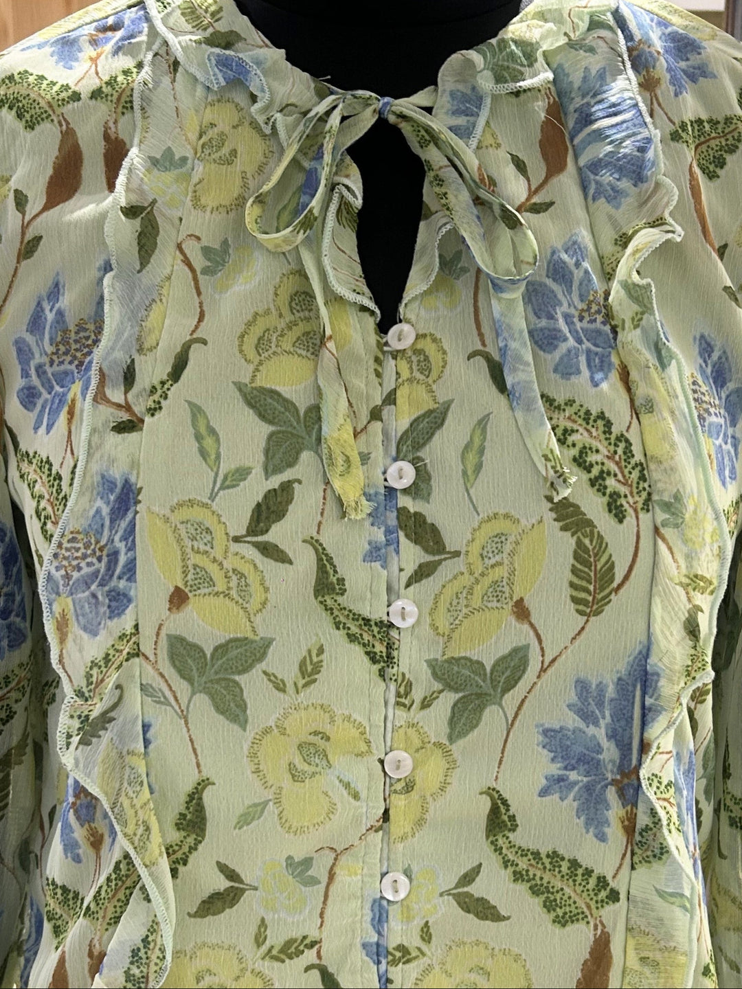 Green Printed With Ruffle Details Blouse