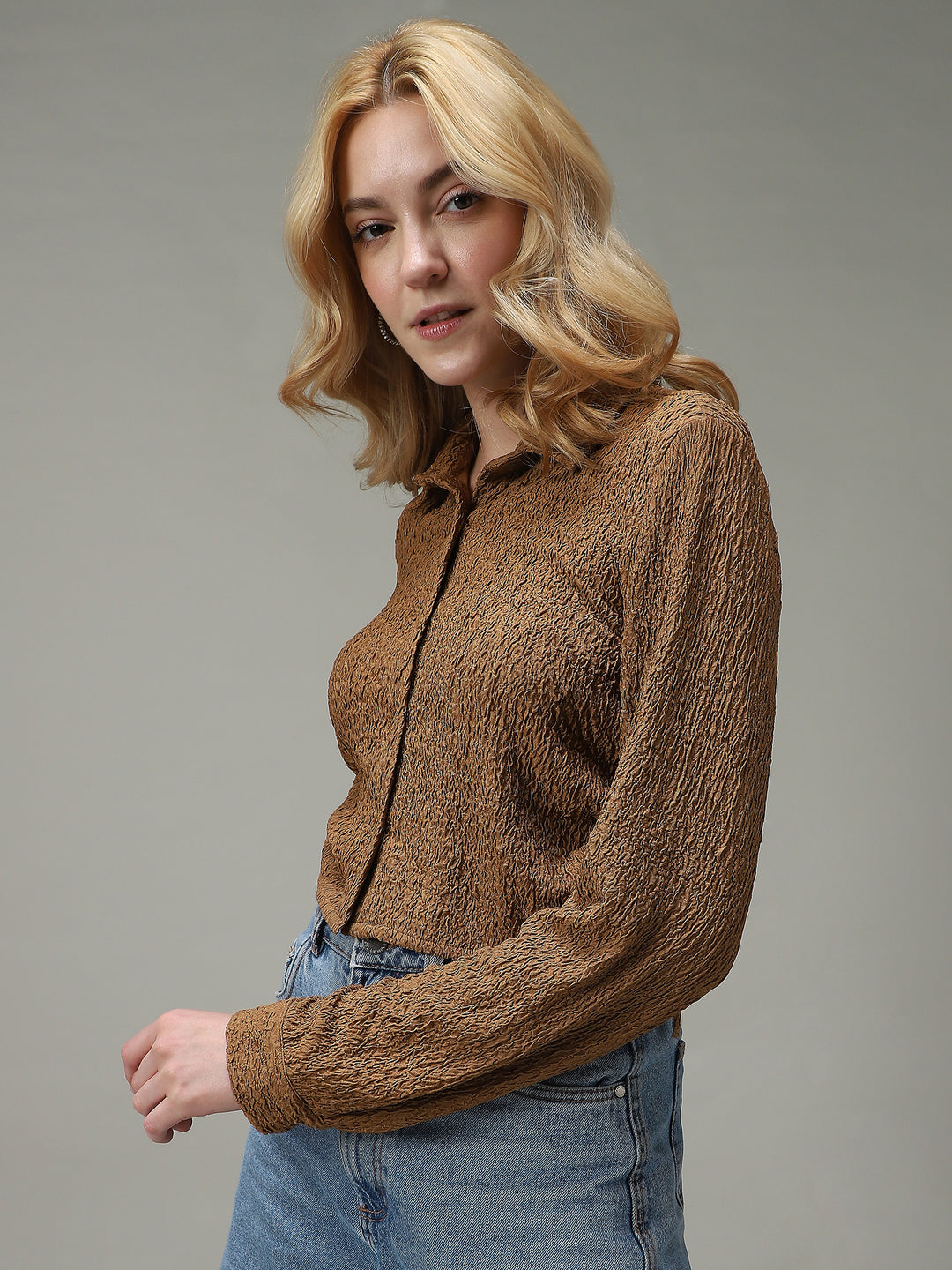 Brown Textured Crop Shirt