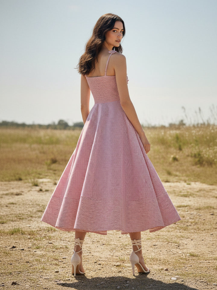 Pink Midi Yarndyed Dress With Cutout Floral Applique Detail