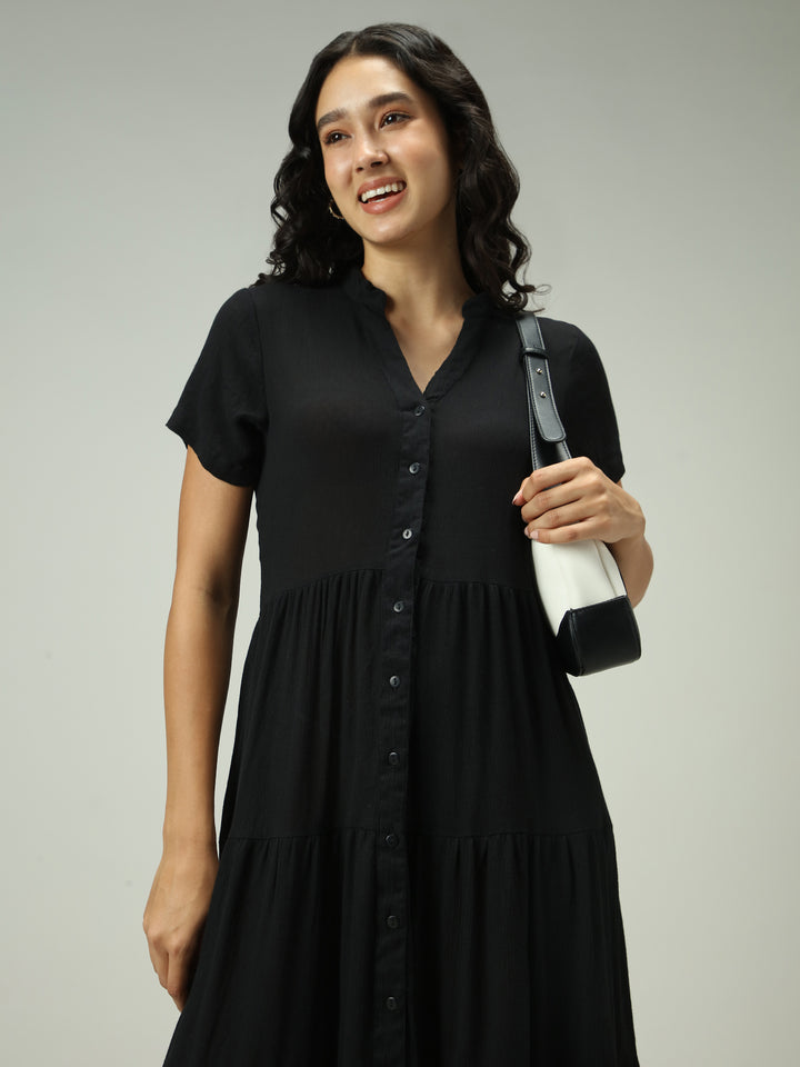 Black Button Down Tiered Midi