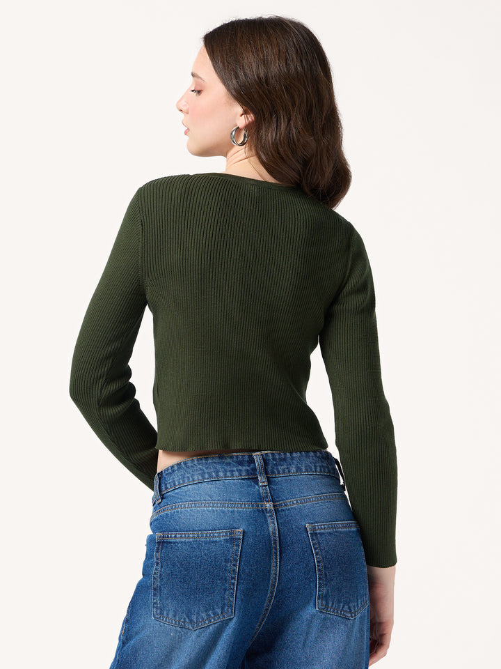 Olive Flat Knit Button Down Knit Top