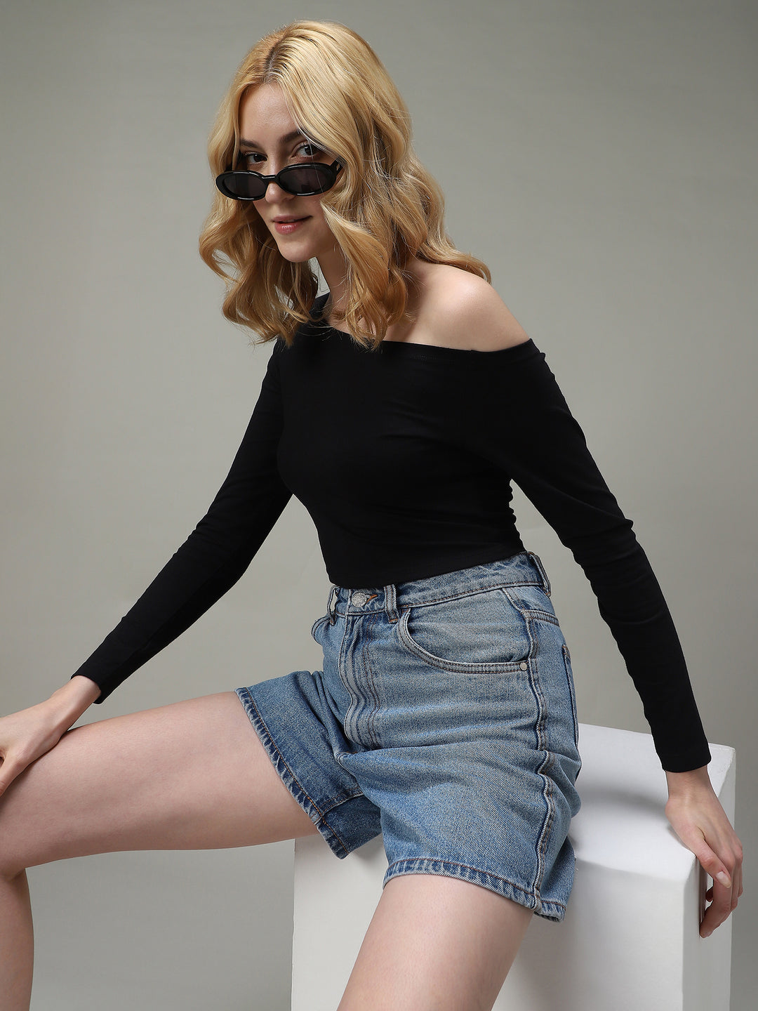 Black Off-Shoulder Fitted Top