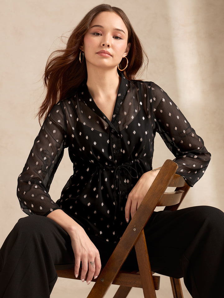 Black Printed Lapel Collar Blouse With Drastring Waist Detail