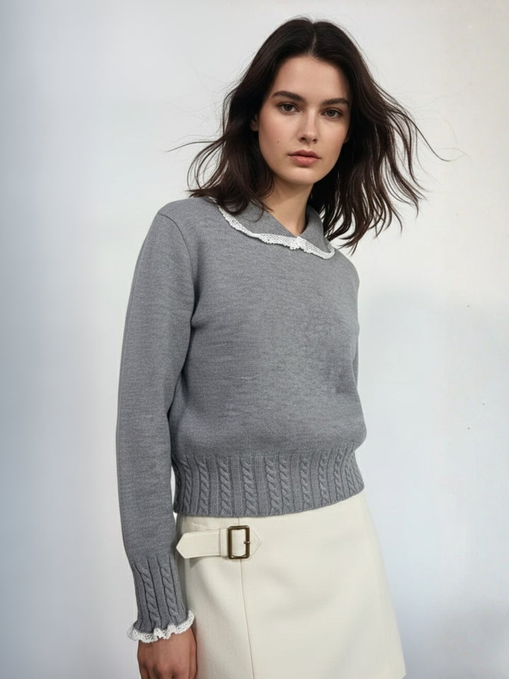 Grey Puff Sleeve Collared Neck Lace Trim Sweater