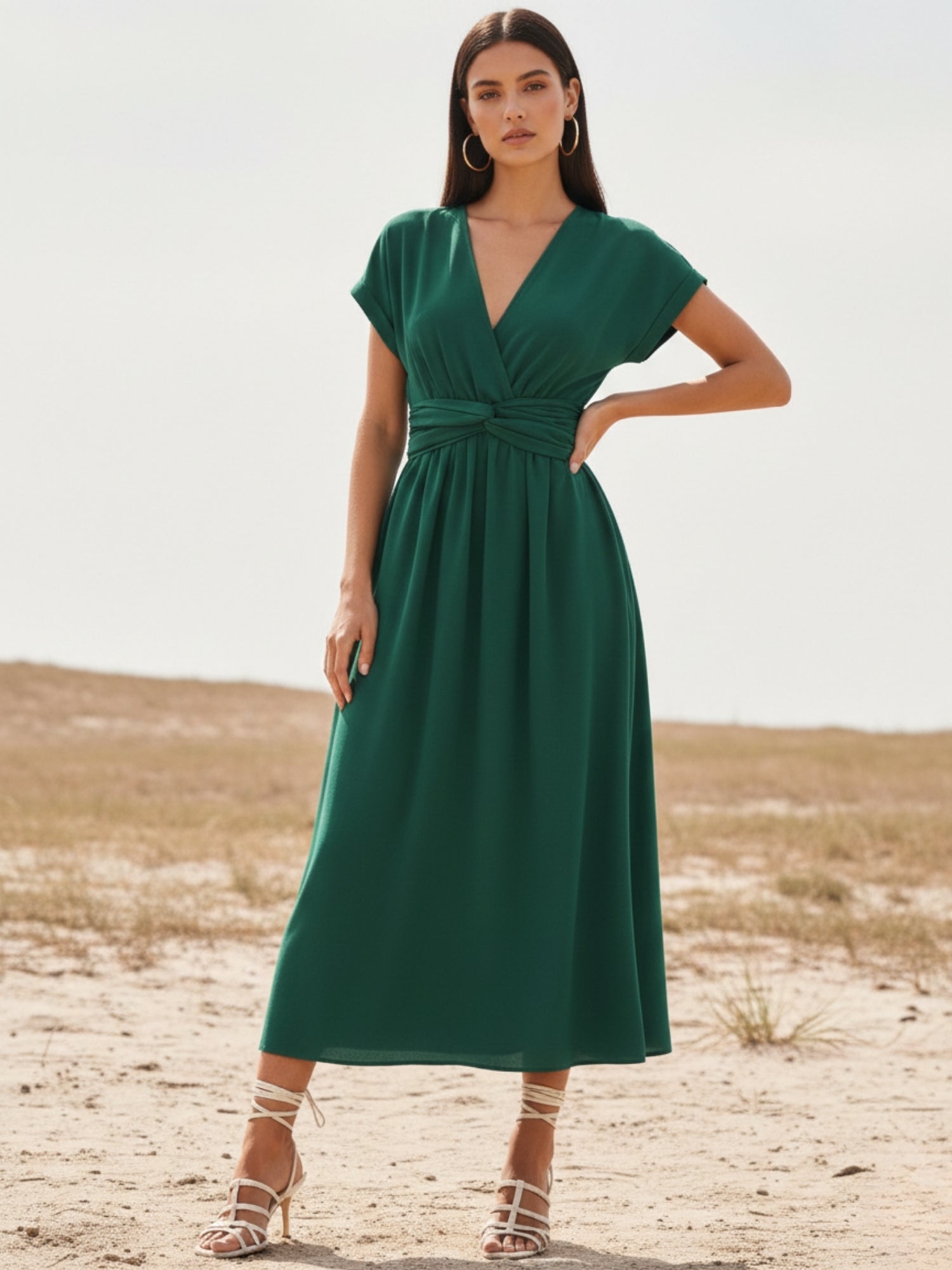 Olive Plunge Neck Twisted Knot Waist Detail Dress