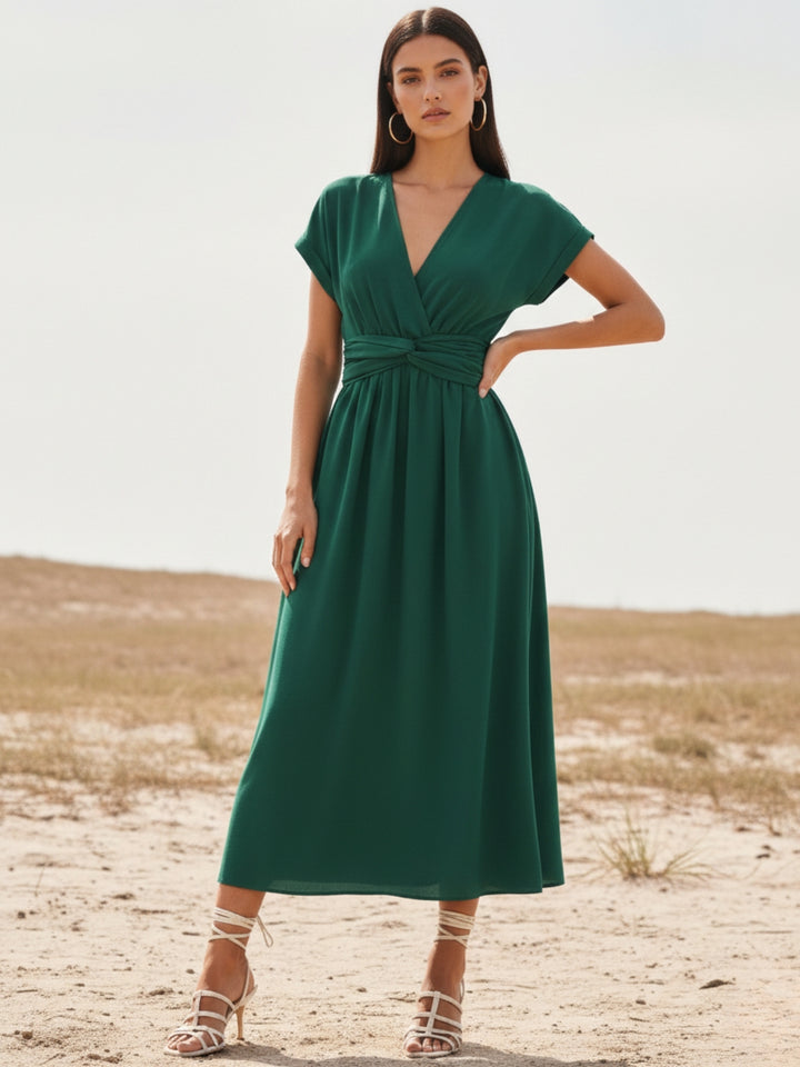 Olive Plunge Neck Twisted Knot Waist Detail Dress