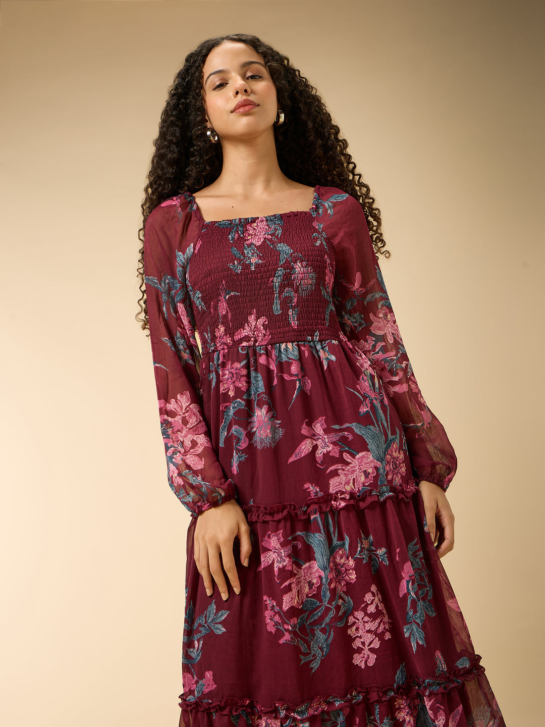Maroon Full Sleeve Fit & Flare Dress