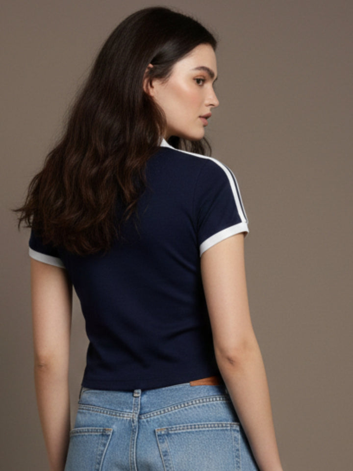 Navy Blue Contrast Collared Graphic Printed T-Shirt