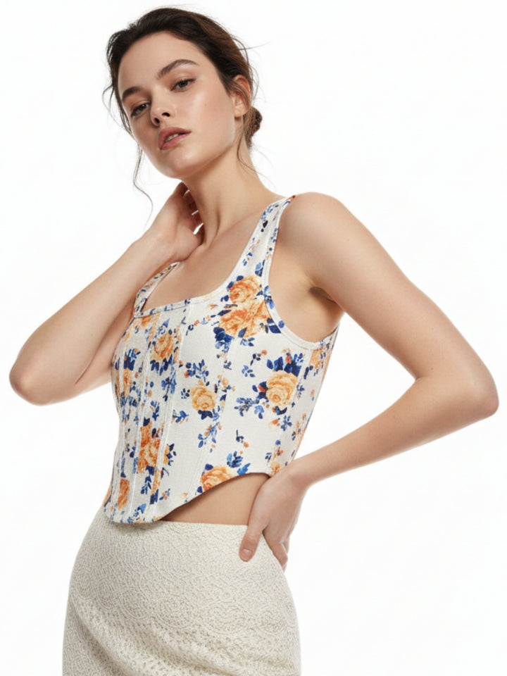 White Shoulder Strap Floral Printed Corset Top