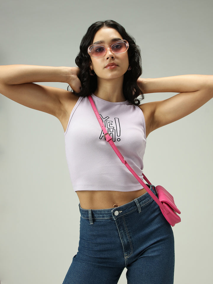 Beige Solid Embroidered Tank Top