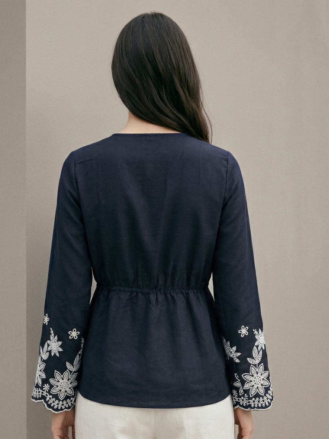 Navy Blue Floral Border Deep V Neck  Blouse