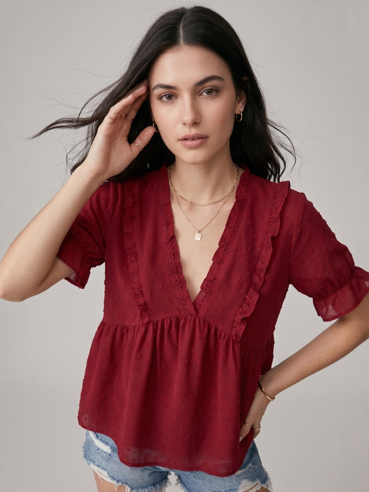 Red Ruffle Sleeve V Neck Top