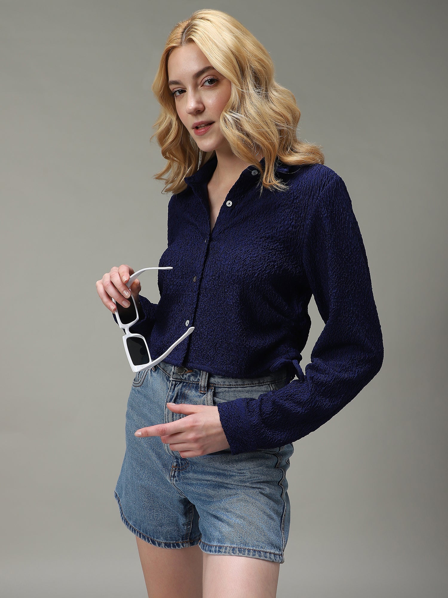 Navy Blue Textured Crop Shirt