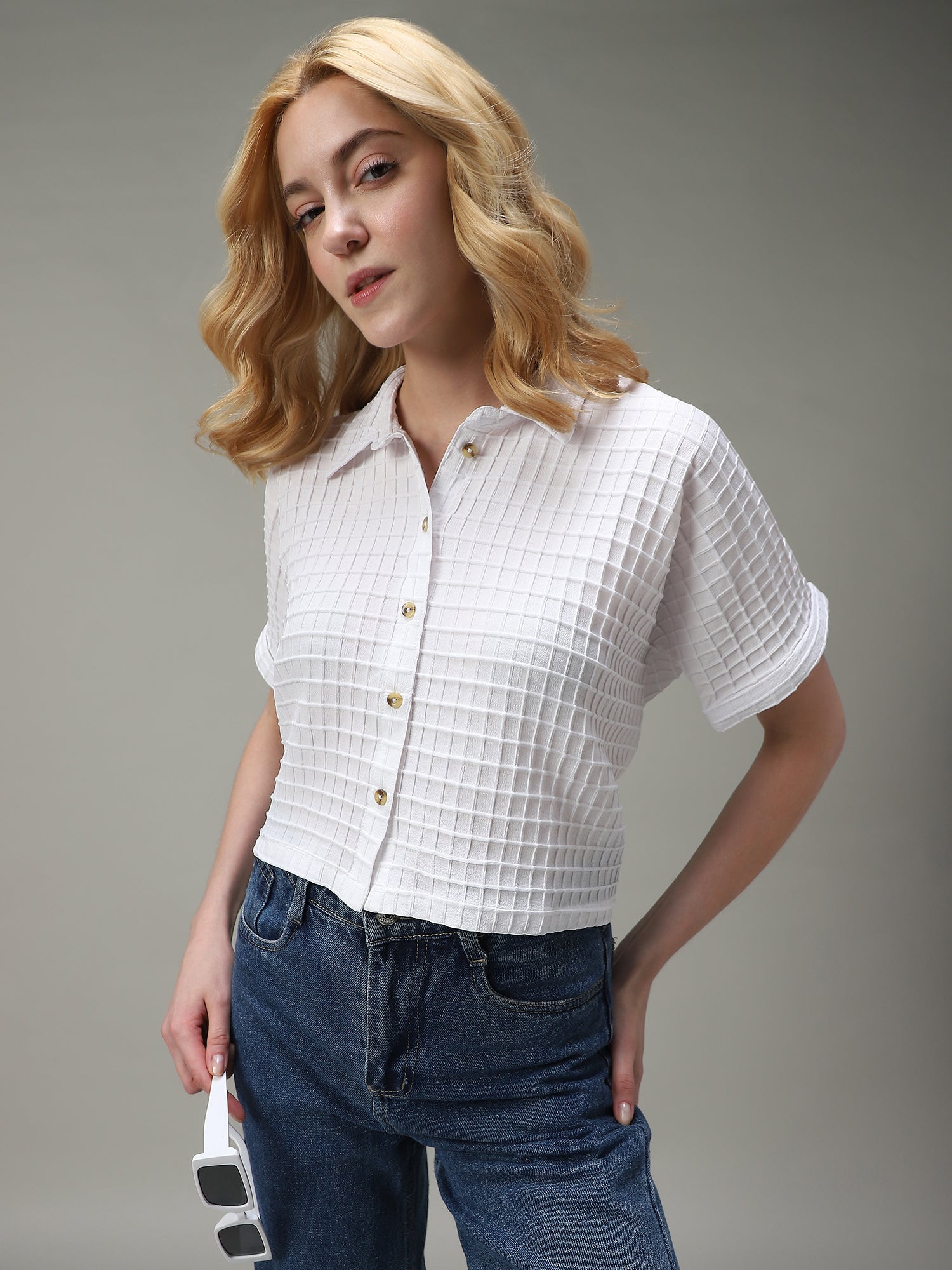 White Cropped Flowy Shirt