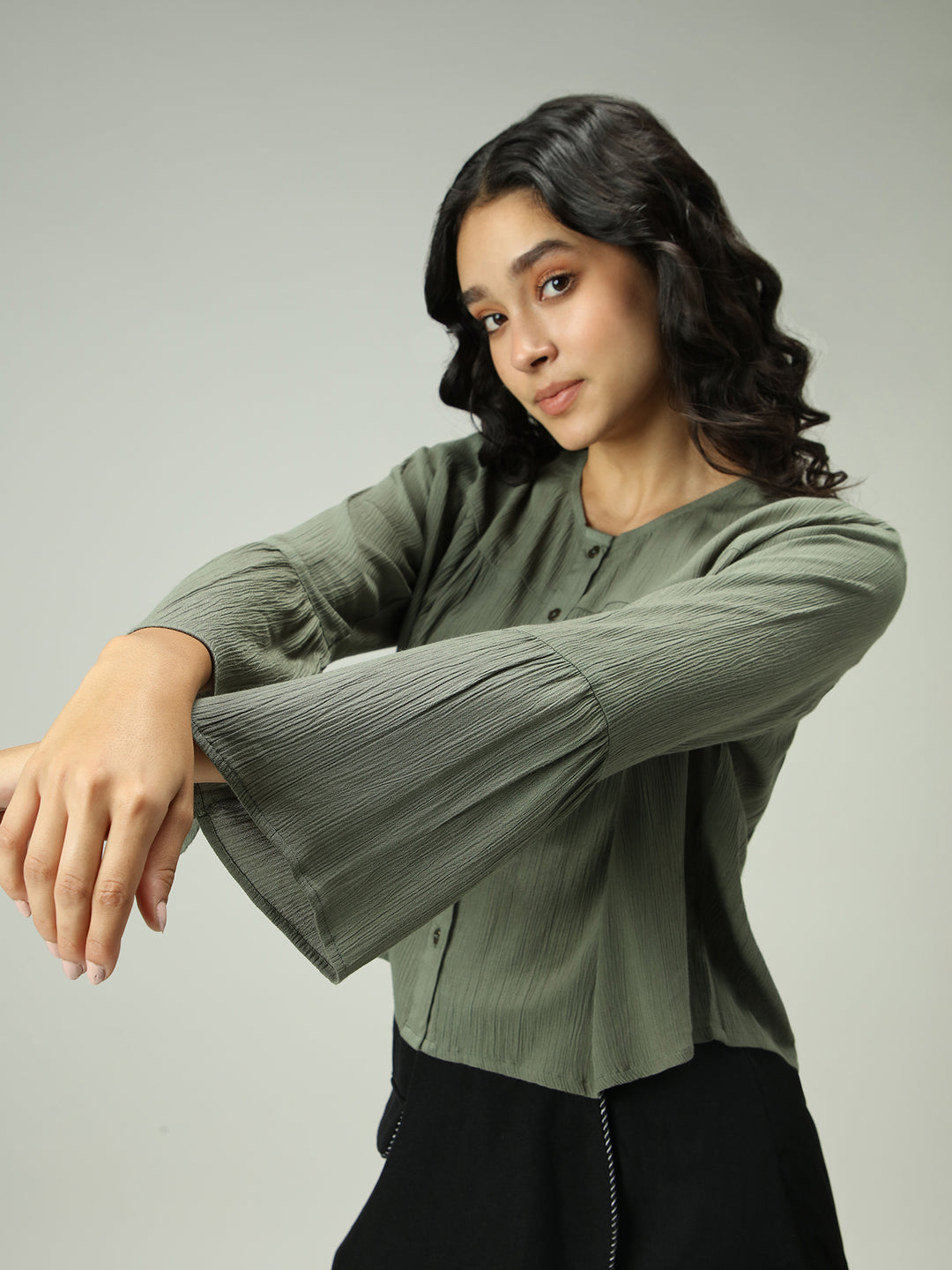 Olive Basic Cropped V Neck Top
