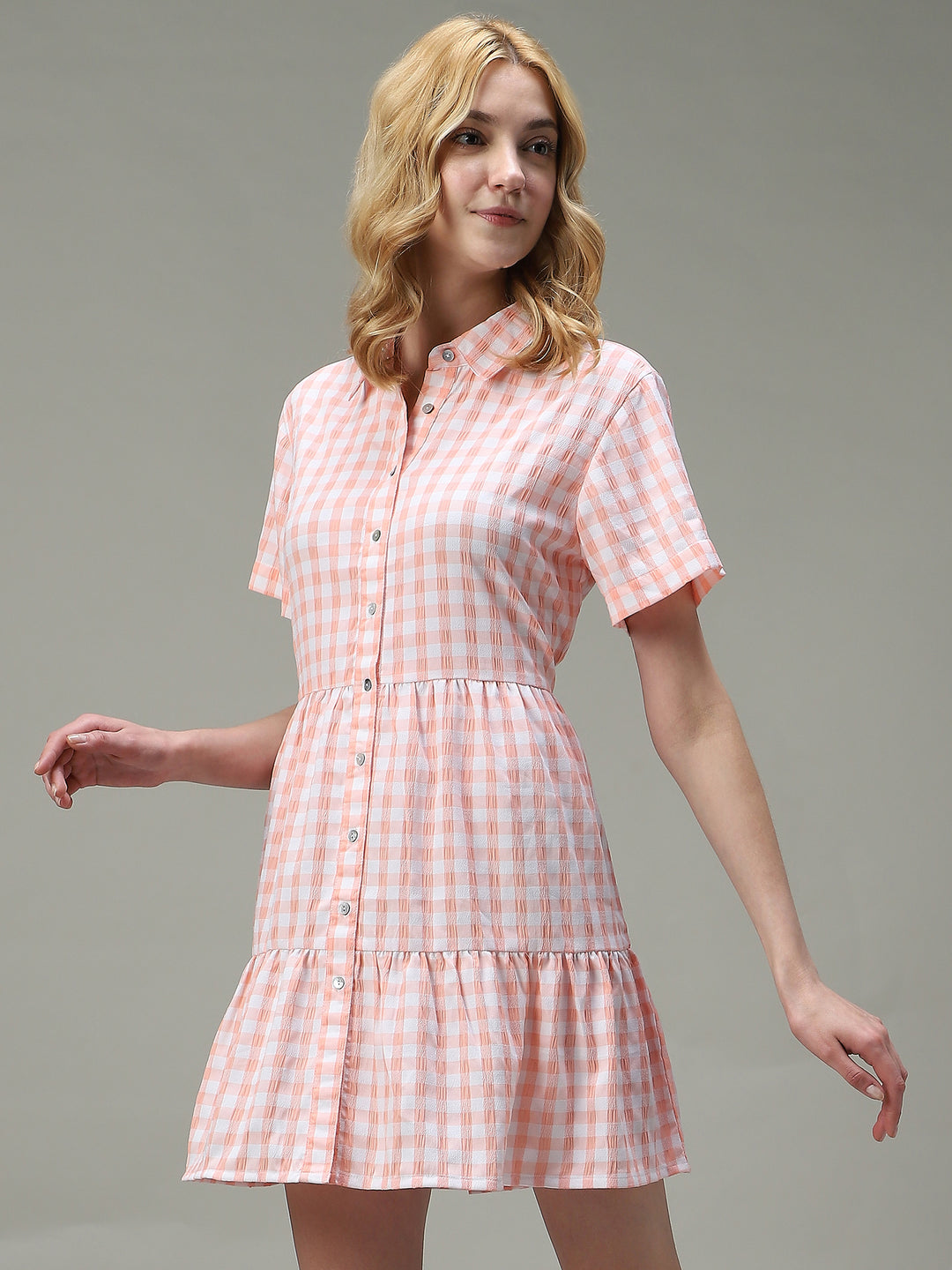Peach Checkered Tiered Dress