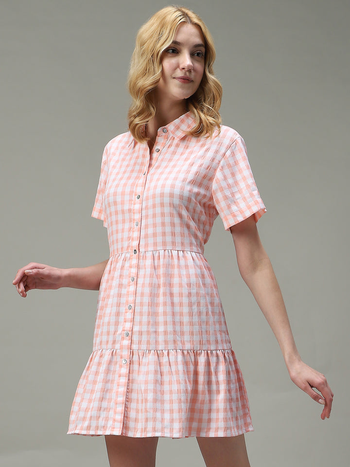Peach Checkered Tiered Dress