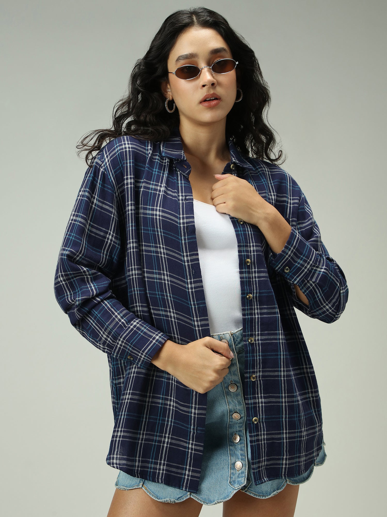 Navy Blue Checkered Streetwear Shirt