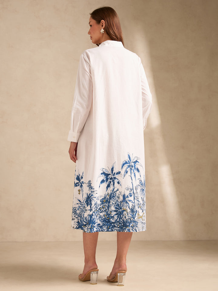 Off White Midi Printed Shirt Dress