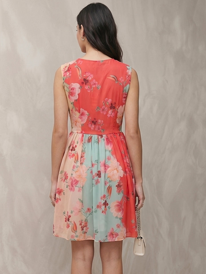 Multi Printed Mini Dress With Ruched Waistline