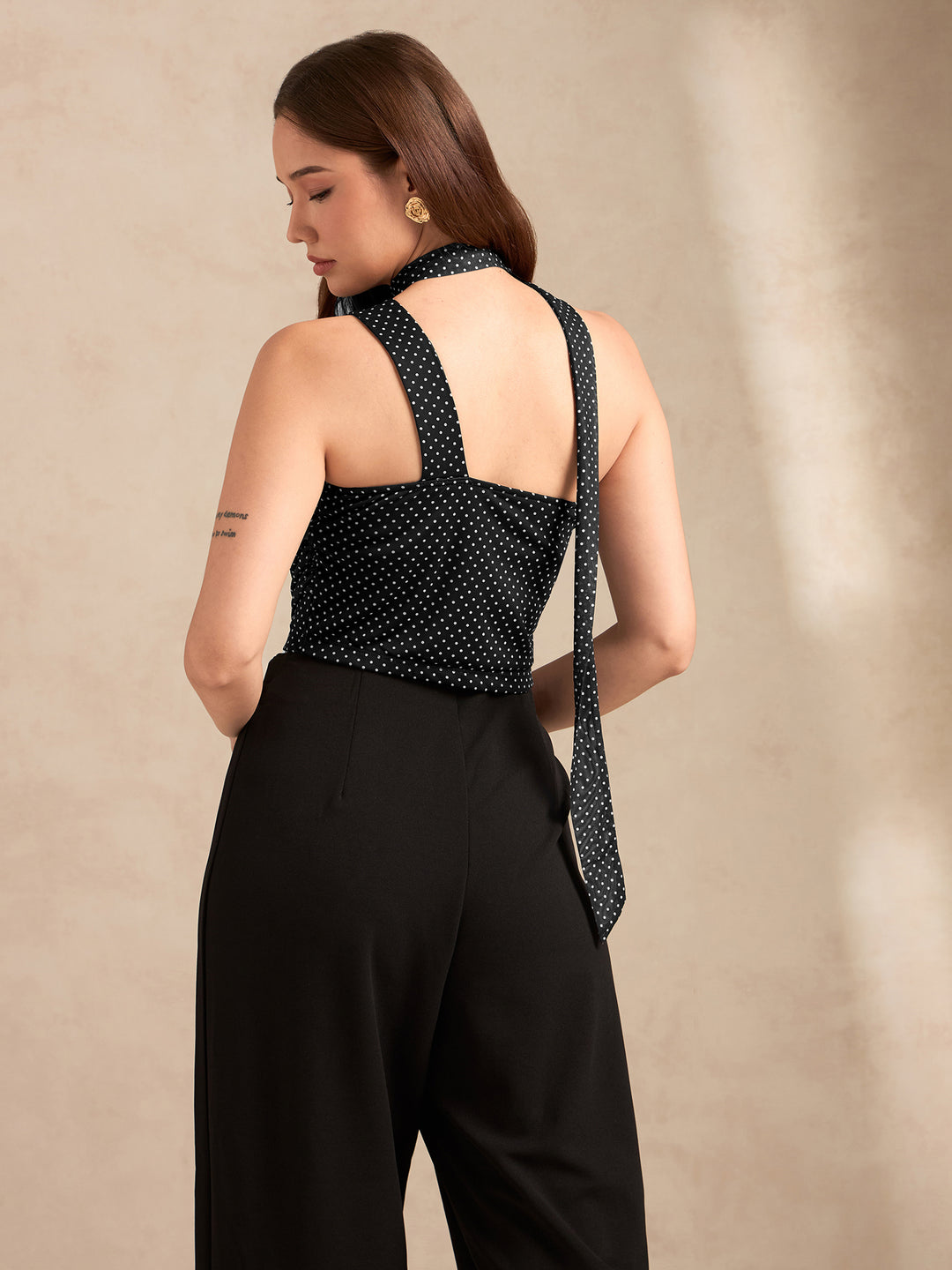 Black Polka Dot One Shoulder Top