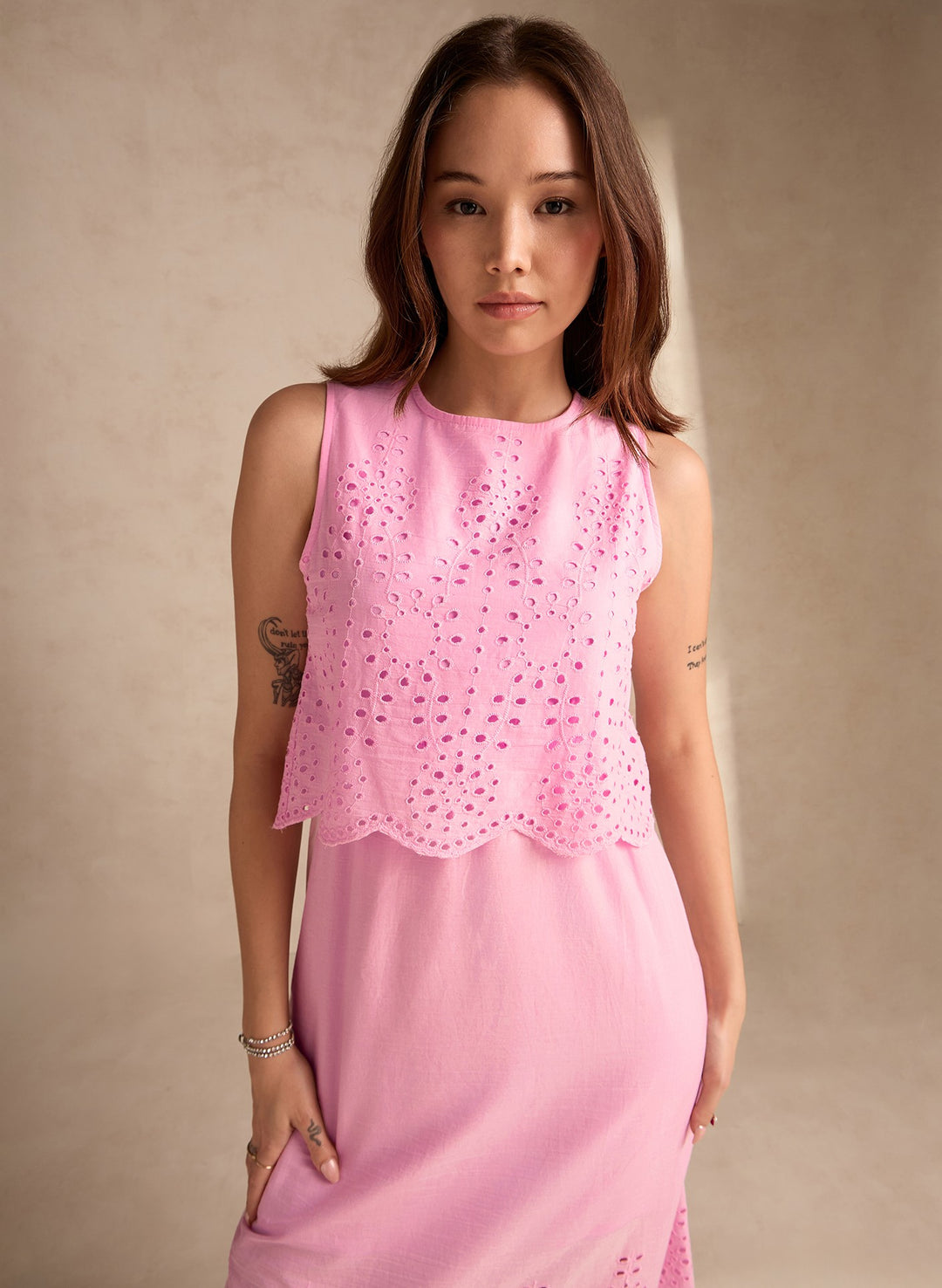 Light Pink Sleeveless Schiffli Maxi Dress