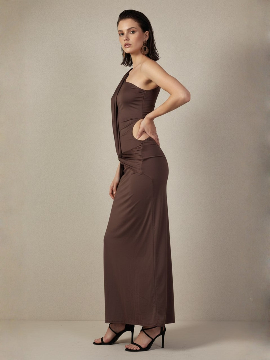 Brown One Shoulder Waist Detail Dress