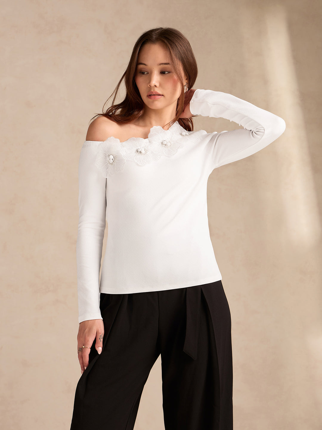 White Off-Shoulder Top With Floral Embellishments